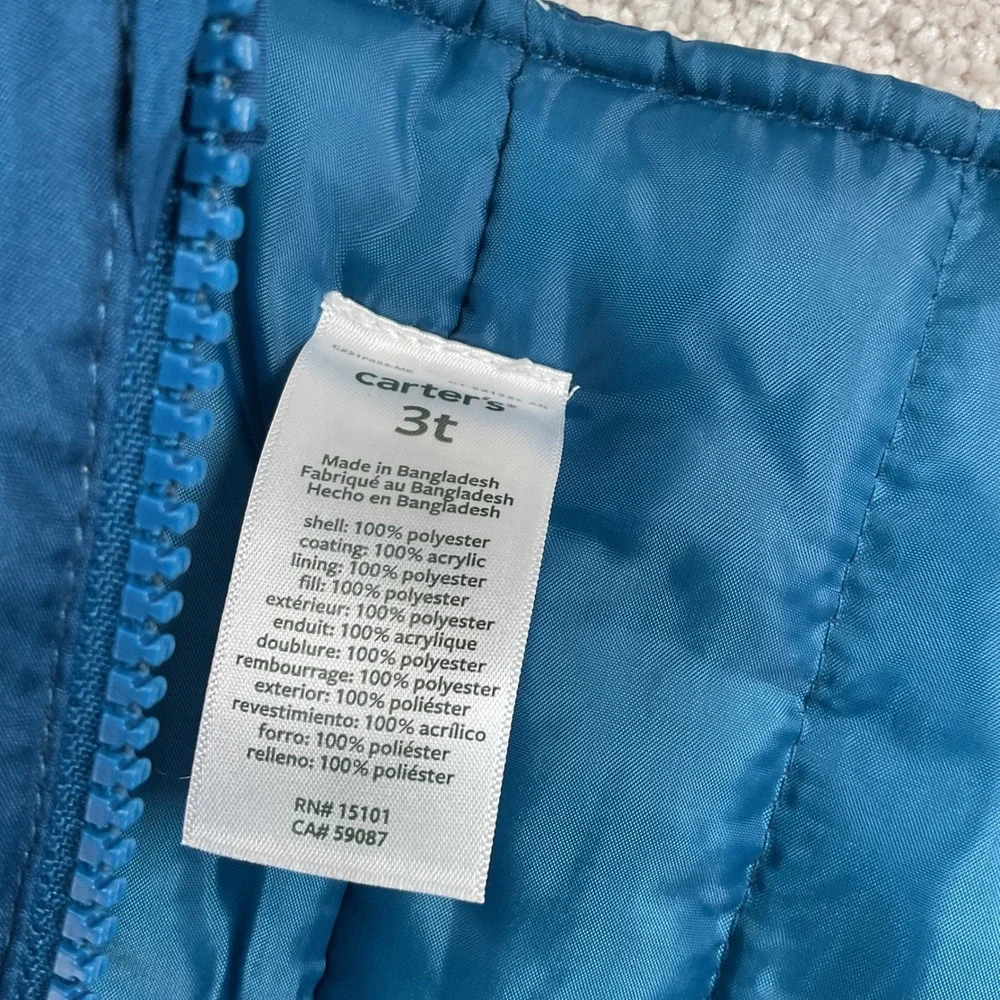 Carters Toddler Boys 2-Piece Dinosaur Snowsuit Teal Blue Puffer‎ Jacket Bibs 3T